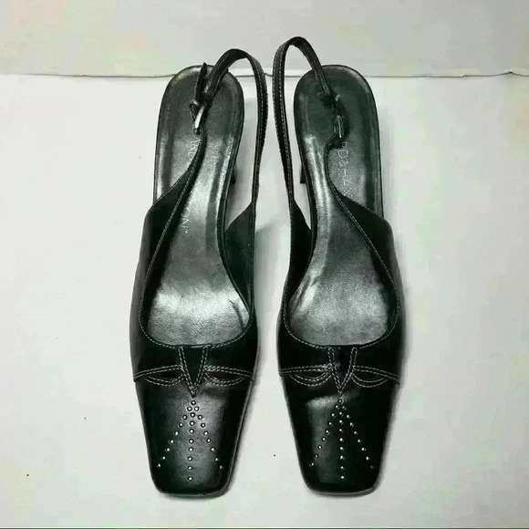HILLARD HANSON Women Slingback Slim Heel Shoes Black Leather Cut Out Sz 6M - Picture 1 of 12